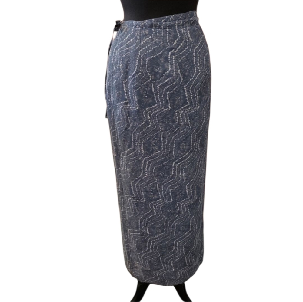 90s Whimsigoth Silk Wrap Skirt XL Vintage Blue Gray Maxi Boho Chic Bohemian